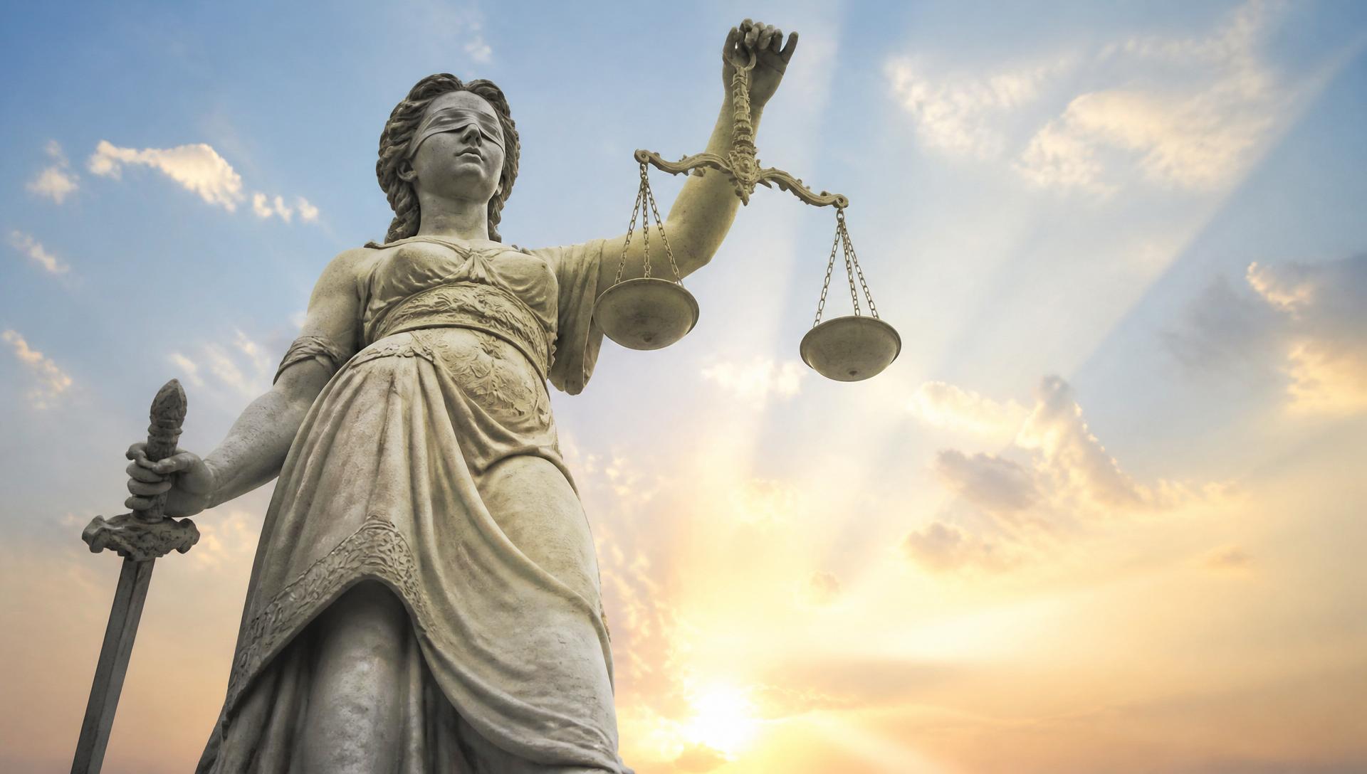 A stone Lady Justice statue lit at dawn